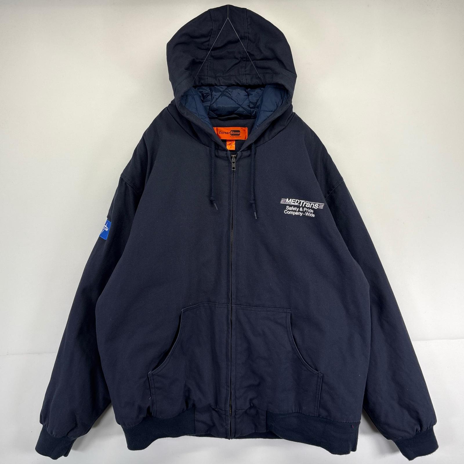 古着 コーナーストーン Corner Stone ワークジャケット ダック アクティブタイプ 企業ロゴ刺繍 中綿 大きいサイズ XL ネイビー メンズ