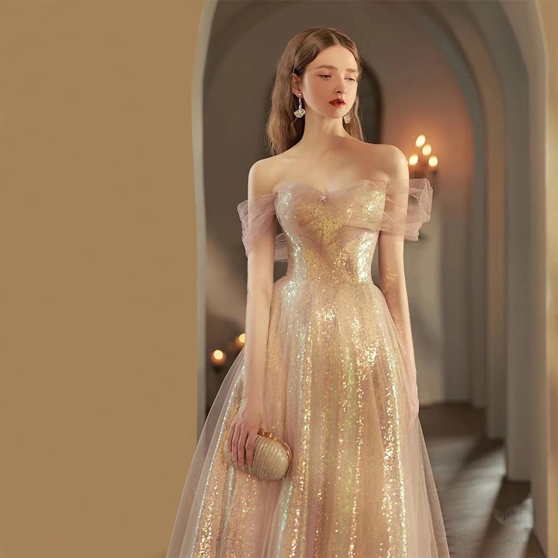 ピンクイブニングドレスホストワンショルダーモデルスターエアクオリティスーパーエイジ大人イブニングドレス
