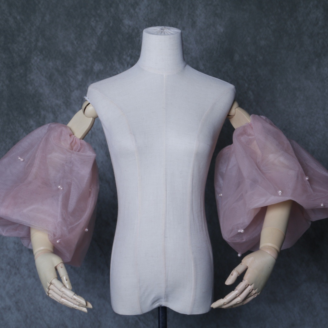 可愛い ピンク パフスリーブ ソフトチュール 取り外し袖 パール 花嫁