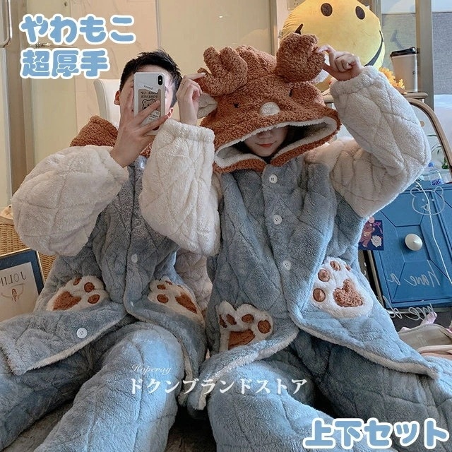 挑戦最安値 冬用 パジャマ ルームウェア 上下セット レディース メンズ ペアルック 大人 真冬 両面 裏起毛 暖かい もこもこ 超厚手 ボア ネル 防寒 保温 中綿 キルトニット フード付き 長袖