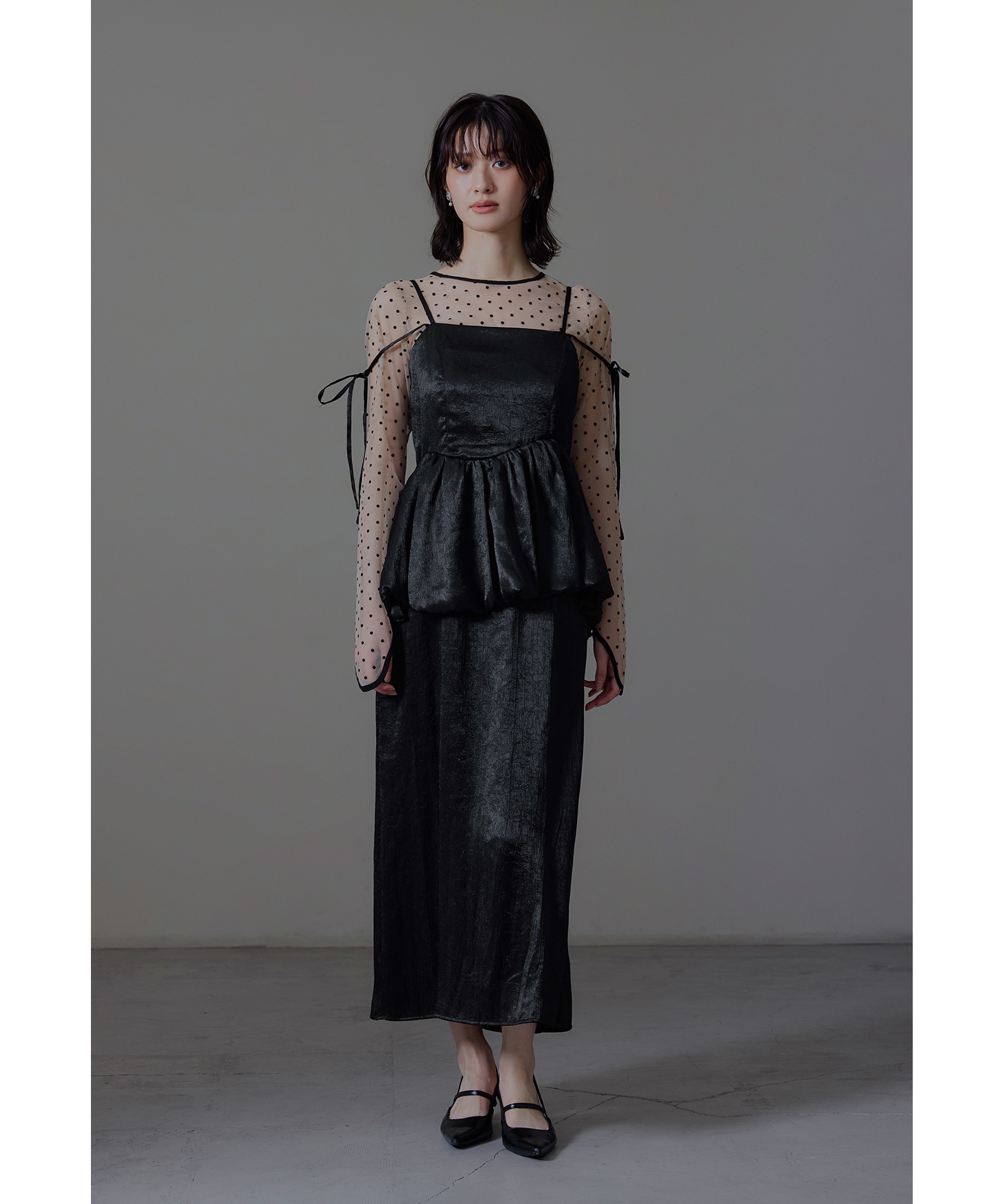 ドットシアートップス インナー ラウンドネック 水玉 カットソー ブラウス 透け 長袖 レイヤード お呼ばれ パーティー 結婚式 二次会 披露宴 謝恩会 成人式 同窓会 卒業式 フォーマル