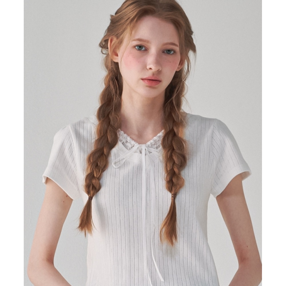 ロンロンストリングリボンレース Vネックスリムクロップ Tシャツアイレットホワイト