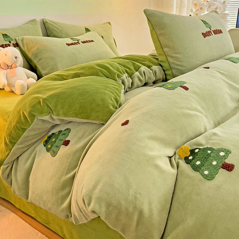 風タオル刺繍ミルクウールベッド4点セット秋冬厚手フランジサンゴウール保温布団カバーシーツ