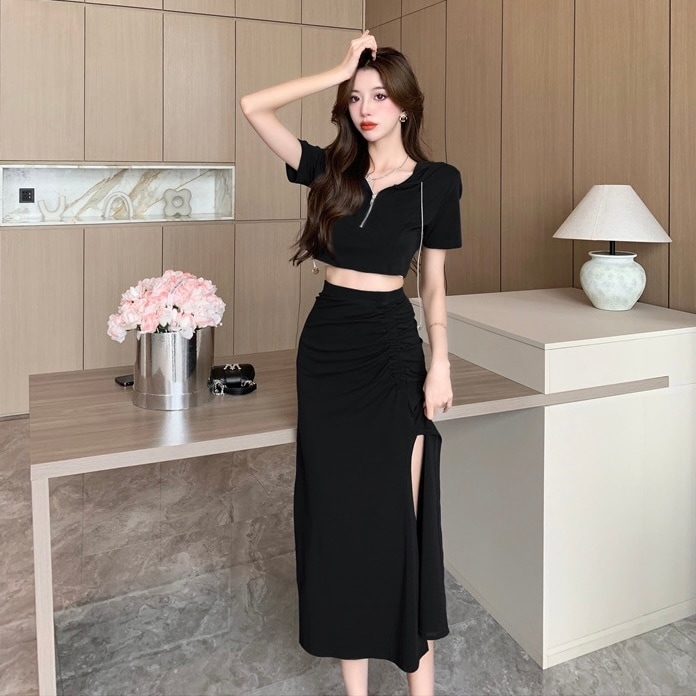 2way セットアップ 韓国風 オルチャン スリット入り シャーリング スカートセット フード付き 袖あり 半袖 トレーナー風 ジッパー チャック リラックス 細身 ピッタリ スリム ストレート