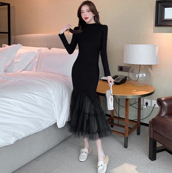 ワンピース ニットワンピース ワンピドレス ひざ丈 長袖 フィッシュテール ニット かわいい 大人可愛い きれいめ カジュアル 大人 上品 おしゃれ お洒落 かっこいい 大人女子 ラブリー キュート