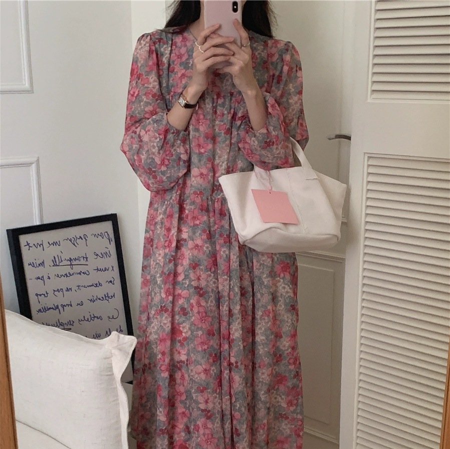 ワンピース フレアワンピース ロング ロング丈 袖あり 長袖 ボリューム袖 ラウンドネック フレア プリーツ ギャザー かわいい 大人可愛い きれいめ 大人 上品 大人女子 こなれ感 ラブリー