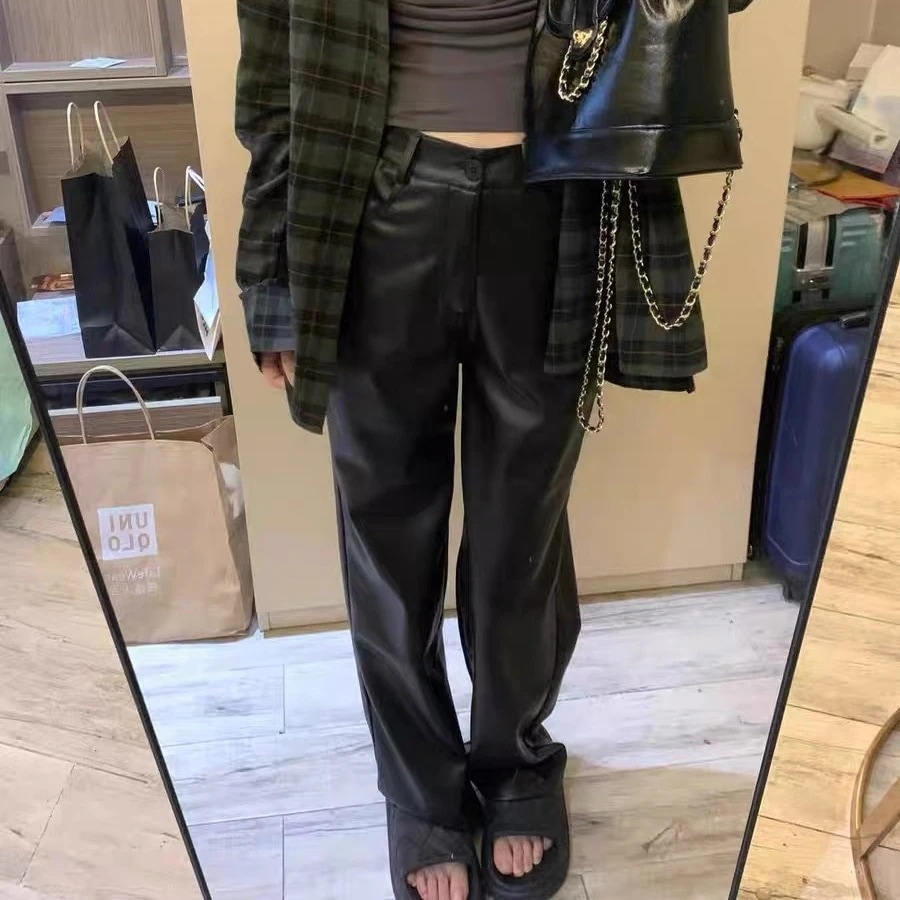 革ズボンの女性の高級感カジュアルで痩せたズボンローズ高腰ストレートワイド脚モップ地ズボン