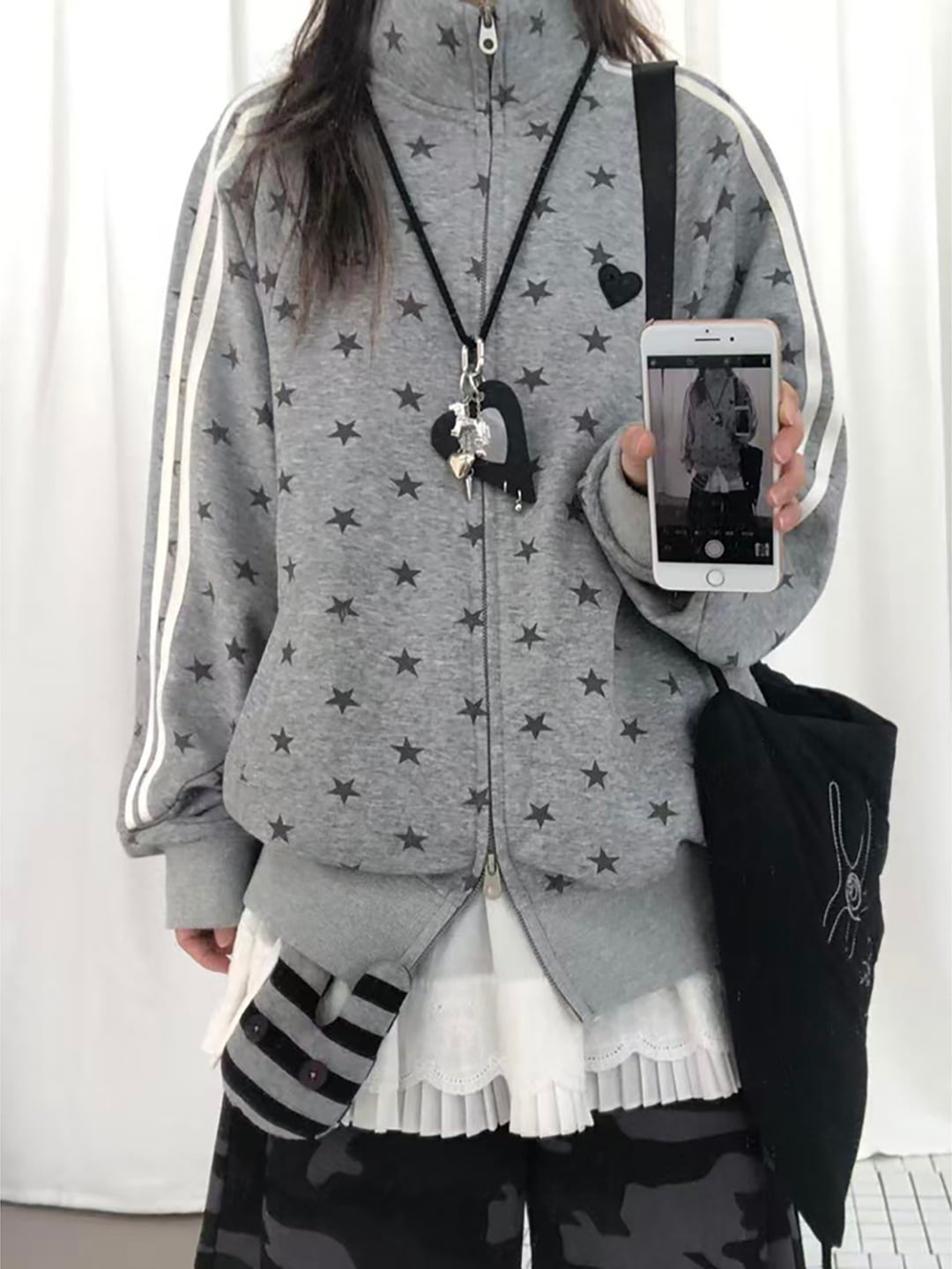 【限定販売】2025秋冬 韓国風 2type 裹起毛 レトロプリントかわいい レディース ハイネック柄アウターブルゾン黑長袖シルエットトップスサイドカジュアルファッション系ダブルサイズフルグレートラッ