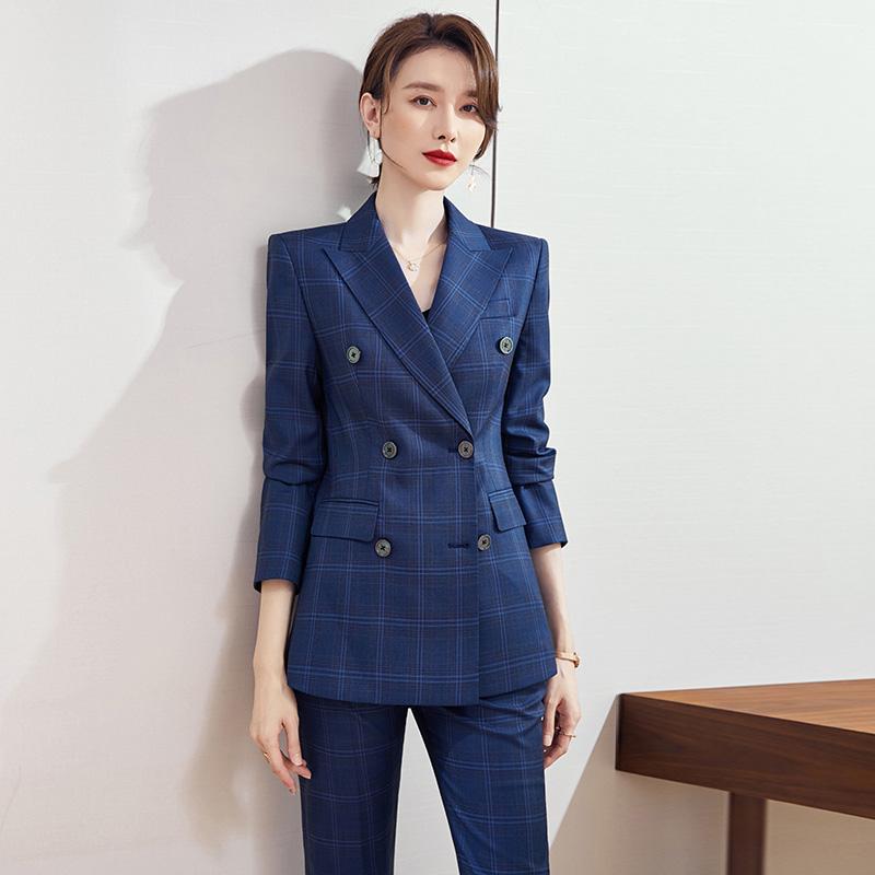 レディース パンツスーツ ネイビーブルー チェック柄 格子 上着 2点 セットアップ 九分丈 クラシック モダン ダブルブレスト フォーマル ダークトーン オフィスウェア エレガント ビジネスカジュア 9,957円