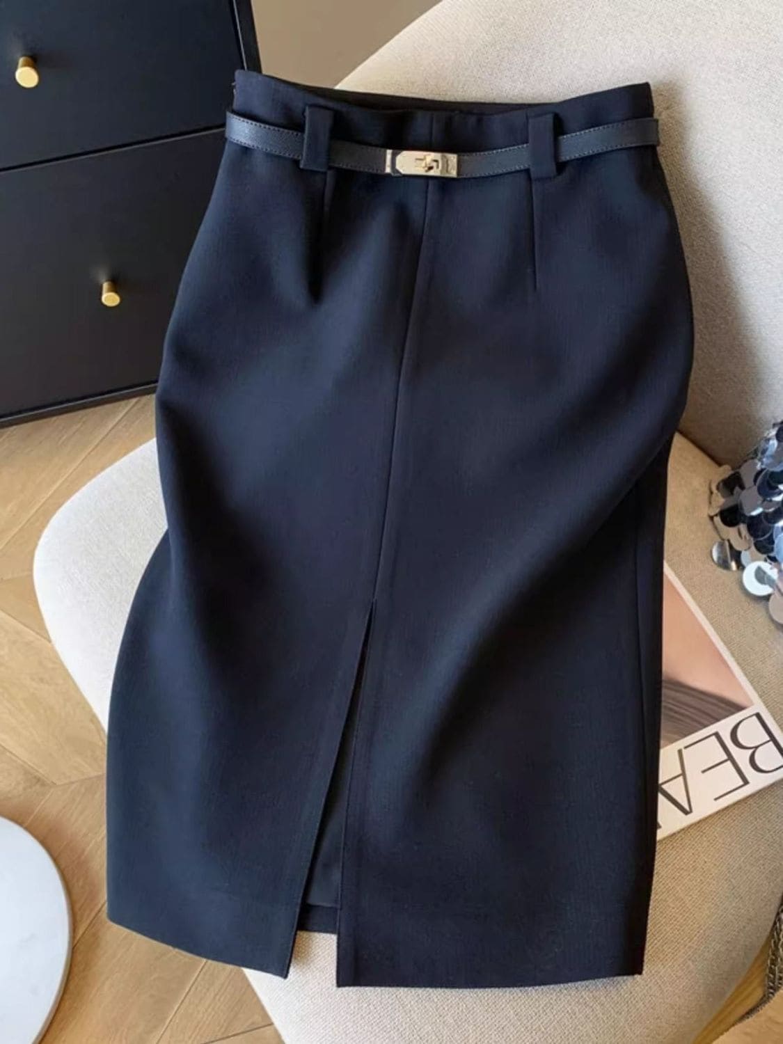 25新作ハイウエストスプリット半身スカート女性スーツスカートプロフェッショナル膝丈スカート ティアードスカート