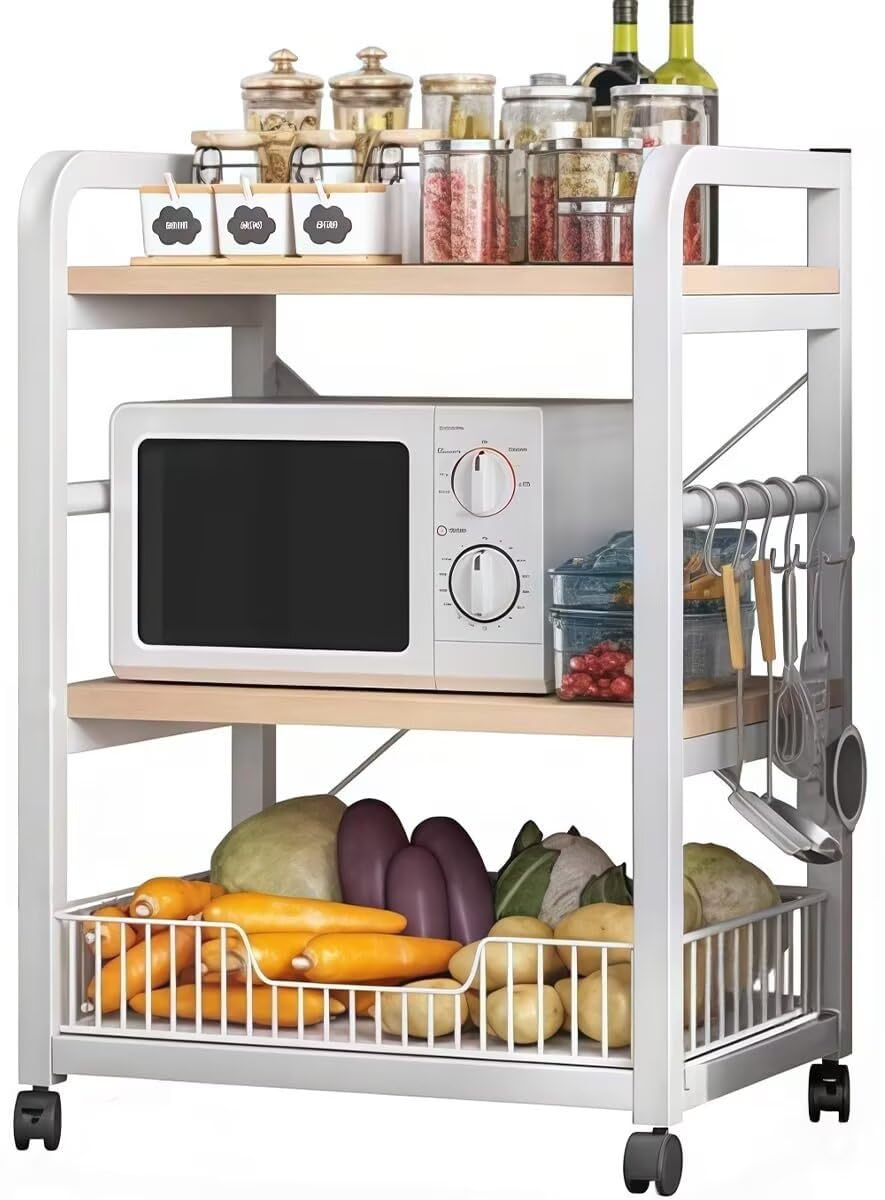 レンジラック キッチンワゴン キャスター付き フック付き 3段 幅60x奥行30x高さ78.5cm キッチンラック レンジ台 オープンラック 食器棚 炊飯器 調味料 小物 収納棚 多機能 省スペース