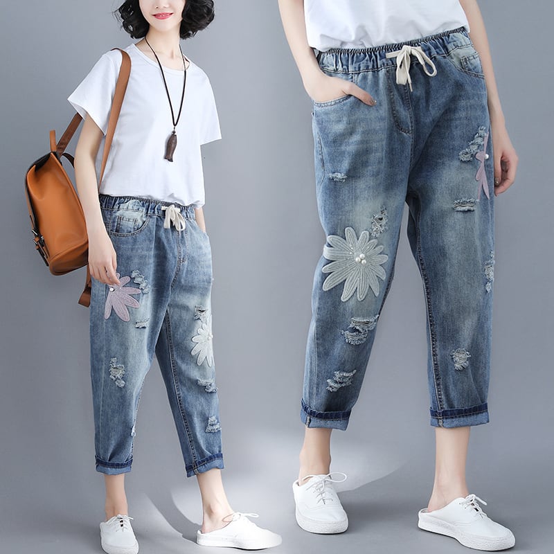 ボトムスデニム 花柄 フラワー パンツ クロップドパンツ ダメージ レトロ ９分丈 刺繍 パール風 ジーンズ 加工 かわいい 大人可愛い きれいめ シンプル カジュアル 大人 上品