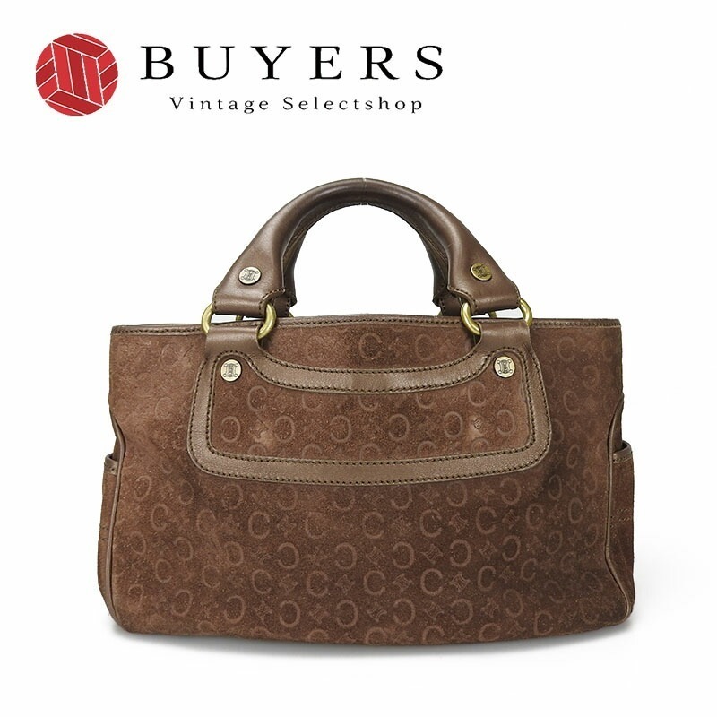 中古 セリーヌ CELINE ブギーバッグ マカダム柄 ハンドバッグ レザー スエード ダークブラウン こげ茶 サイドポケット ゴールド金具 レディース 女性 カジュアル 普段使い Hand Bag