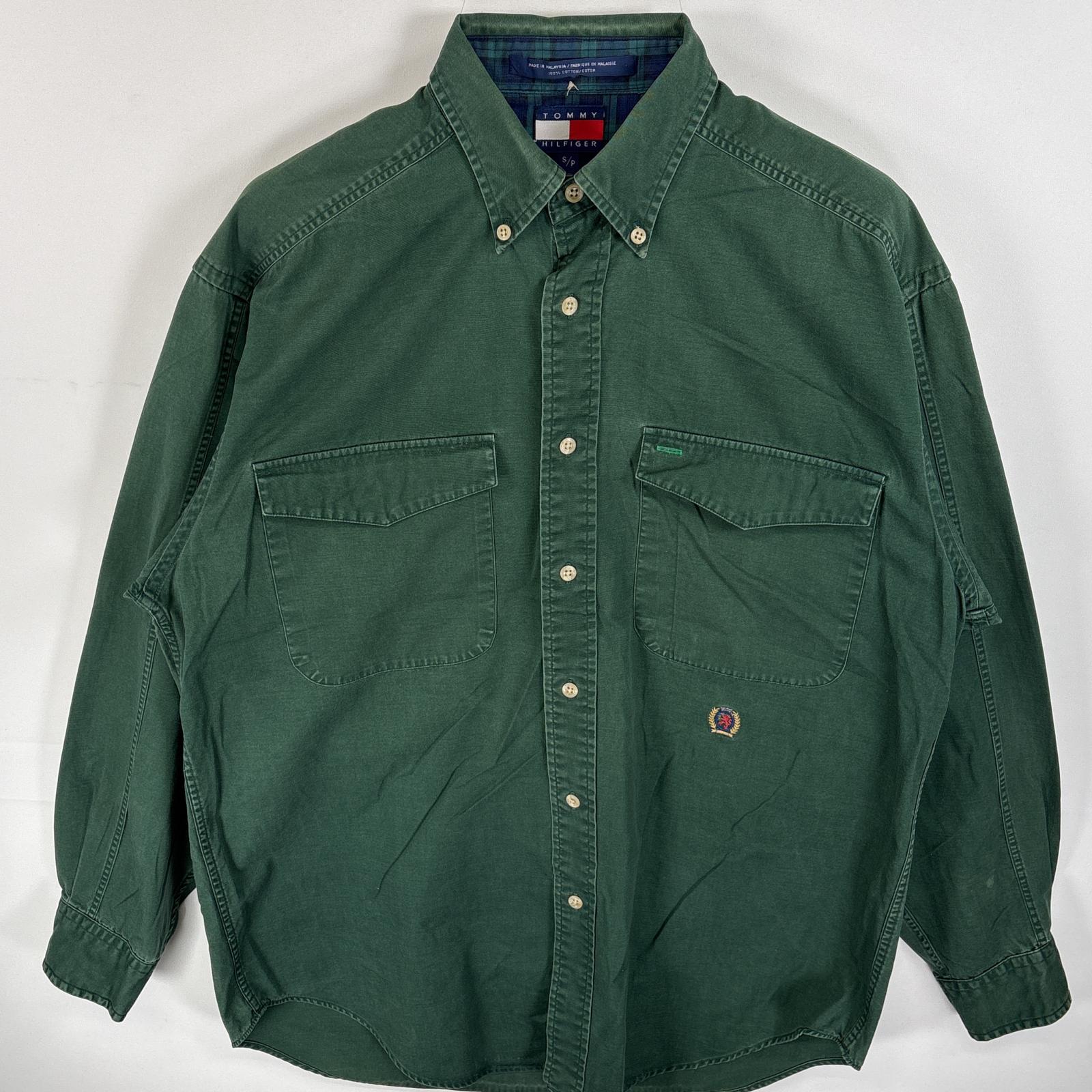 古着 90s/90年代 長袖シャツ ボタンダウンシャツ フラップポケ ワンポイント ロゴ 刺繍 S グリーン 無地 メンズ