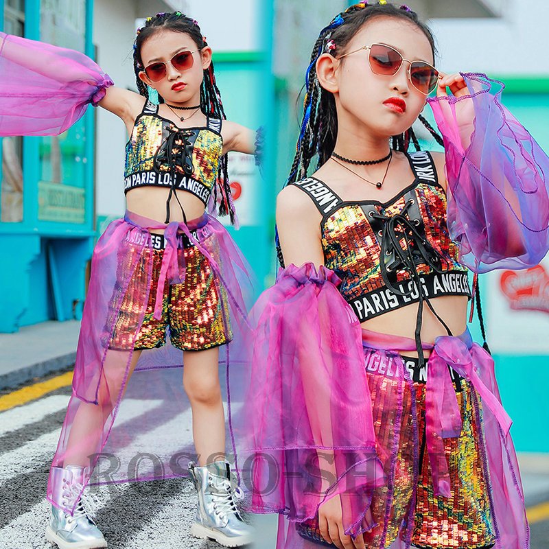 キッズダンス衣装 ガールズ キラキラ スパンコール ジャズダンス衣装 ステージ衣装 韓国 セットアップ ヒップホップ HIPHOP