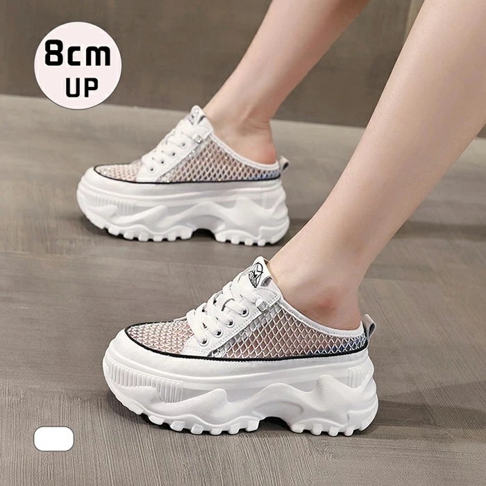 厚底スニーカー スリッポン ローファー レディース 8cm 切り替え メッシュ かかとなし スニーカー レースアップ サマースニーカー 歩きやすい シューズ 履きやすい フラット ぺたんこ ラウンドト