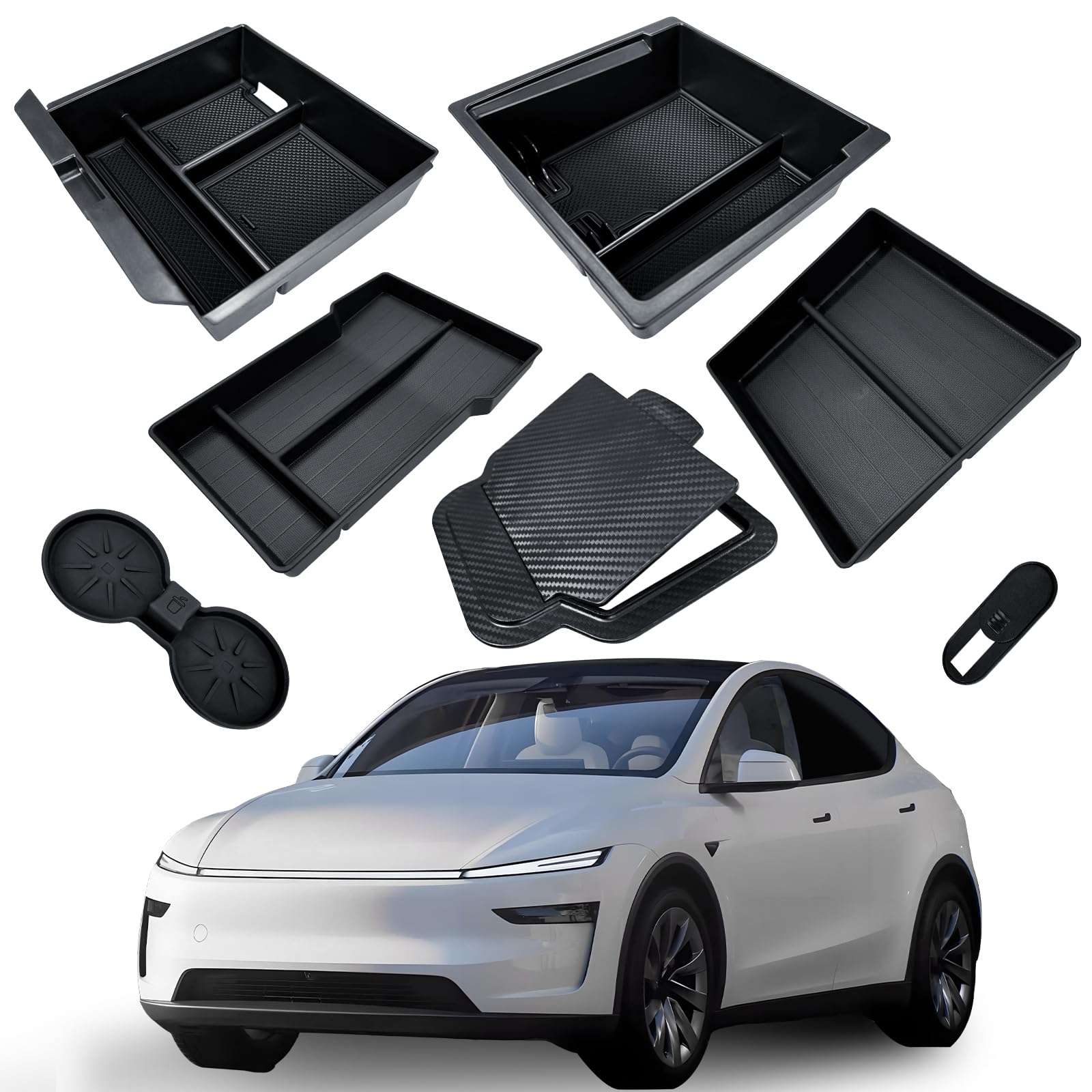 7Pcs センターコンソールオーガナイザートレー 2025-2026年式 新型 Tesla Model Y Juniper 用 アームレスト内蔵引き出し収納ボックス カップホルダー Model Y J