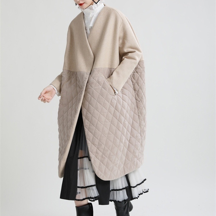 ノーカラーコート 切替 キルティング ロング丈 異素材 個性的 韓国 レディース もこもこ モコモコ ふわふわ ポケット 前開き オルチャン 可愛い かわいい きちんと きれいめ シンプル
