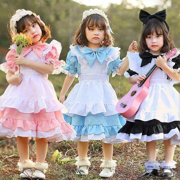 【 最安挑戦】ハロウィン衣装 コスプレ メイド服 女子 クラシカル ロイヤルメイド ワンピース キッズ 髪飾り付き 蝶結び エプロン 子供コスチューム おすすめ 2022