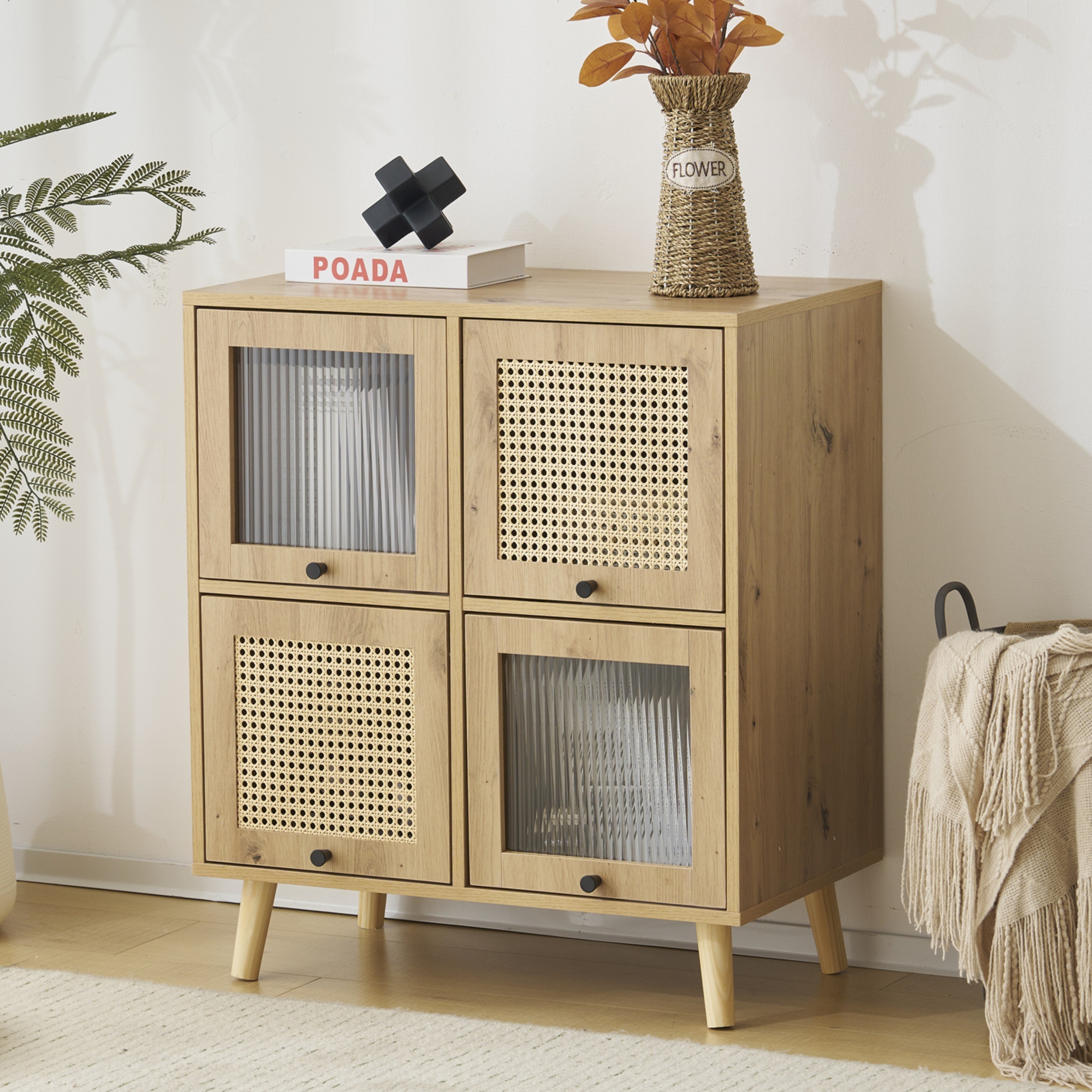 おしゃれなラタン調跳ね上げ扉引出しキャビネット 2段 北欧木目調