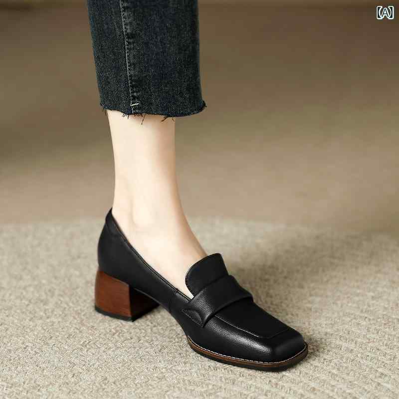 ローファー レディース 通勤 通学 オフィス 学生 女性 フランス レトロ 革 小さい 革靴 柔らかい 革 ミディアム ヒール スクエアトゥ カレッジ 英国 太い ヒール シングル シューズ