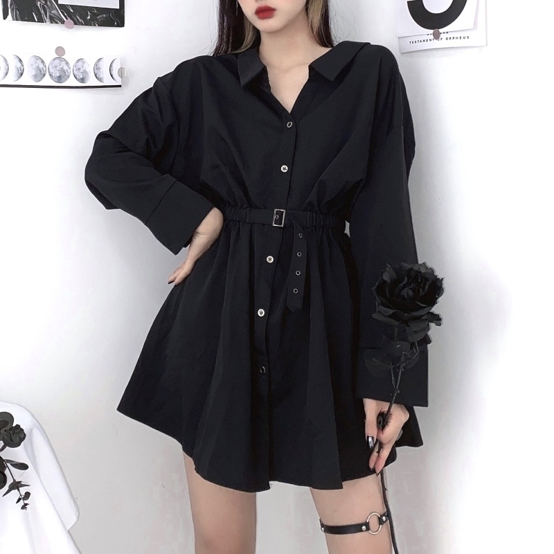 シャツワンピース ミニワンピース 長袖 ウエストゴム チュニック ブラウス Aライン フレア ギャザー 大人 上品 おしゃれ かっこいい クール 無地 春 秋 冬 レディース デート お出かけ 休日