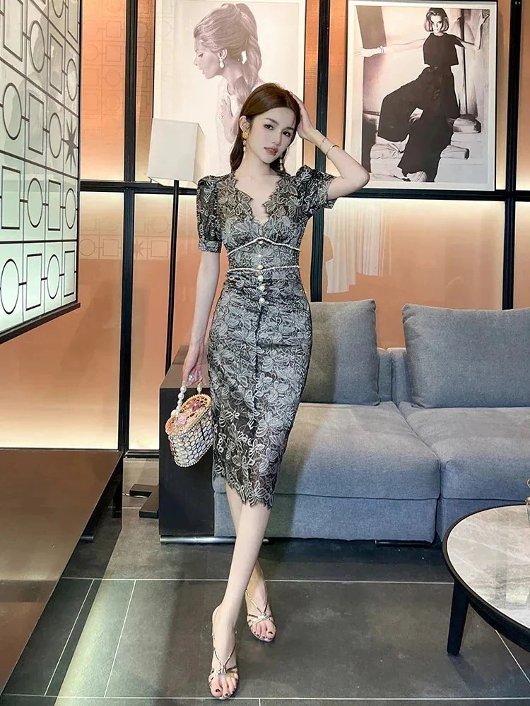 夏 レースワンピース Vネック ドレス パーティー キャバ 着痩せ 大人 お呼ばれ 同窓会 披露宴 卒業式 結婚式 ウェディング 二次会 成人式