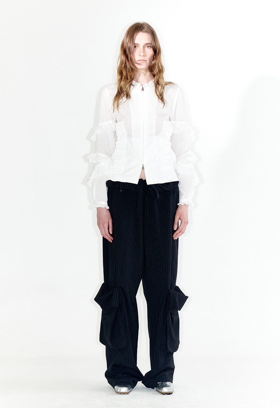 【OPEN Yy】 STRIPE ROLLED WAIST CARGO PANTS : NAVY