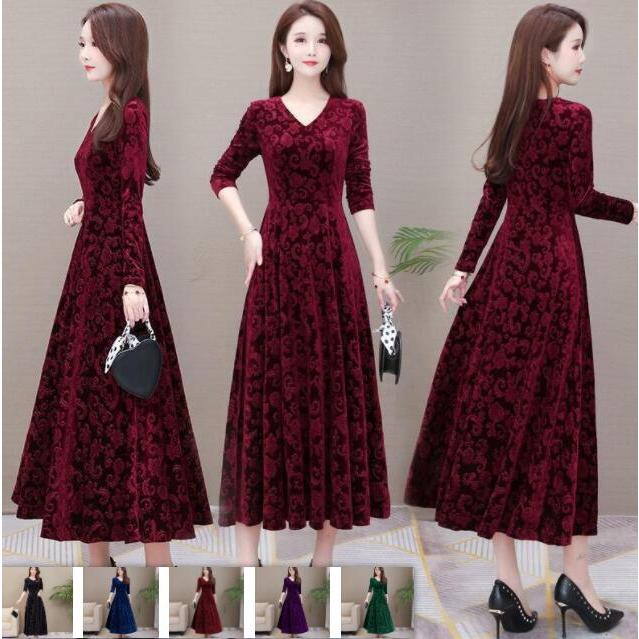 ベロアワンピース ワンピース ベロアワンピ ロング 長袖 ドレス パーティードレス Vネック 秋冬 無地 カラードレス 大人 上品 フォーマル 結婚式 ステージドレス