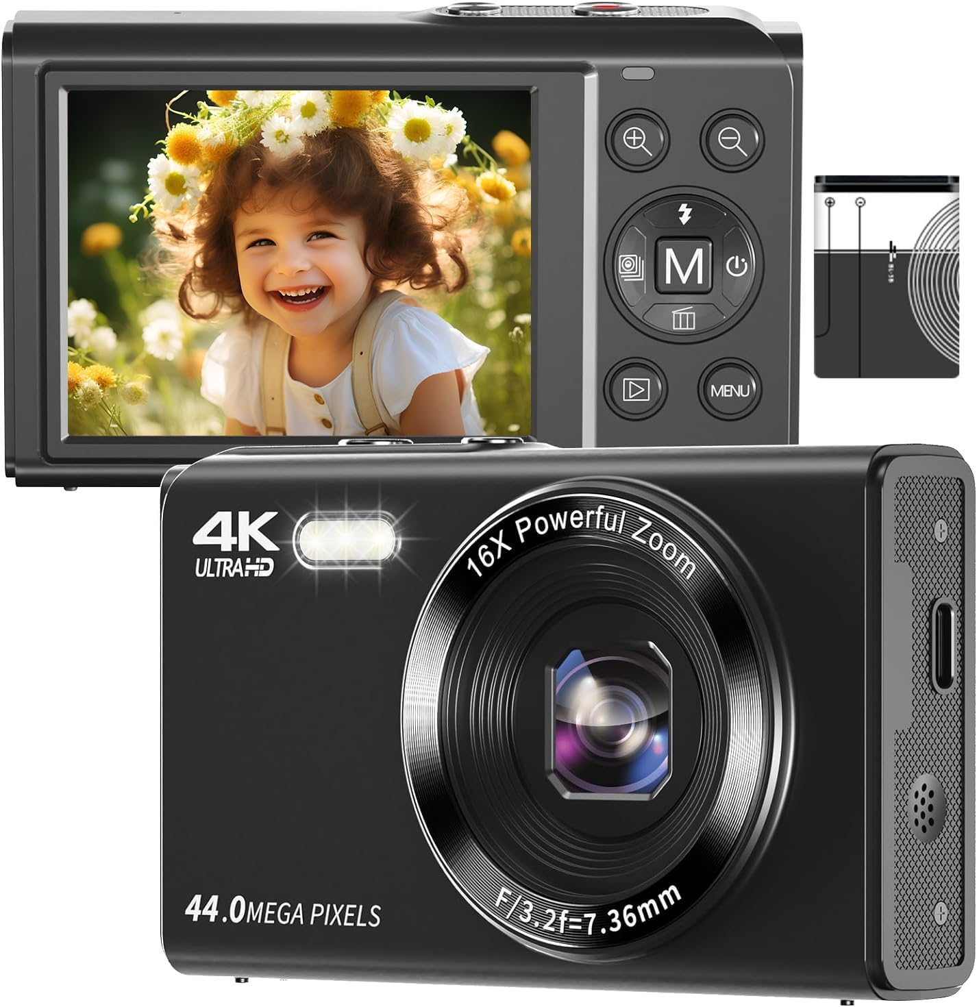 デジカメ4Kデジタルカメラ コンパクトカメラ 30FPS 44MP YouTubeカメラAFオートフォーカス 2.4インチ 充電式 16倍デジタルズーム 4400万高画素初心者向けクリスマスポケットカ