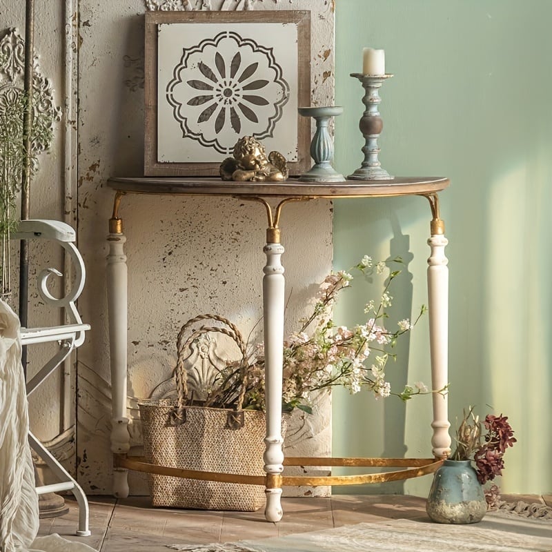 コンソールテーブル 机 無垢材 ヴィンテージ調 ヨーロピアン調 ナチュラル サイドテーブル ホワイト ブラウン 2色 おしゃれ かわいい ラウンド ディスプレイ 棚