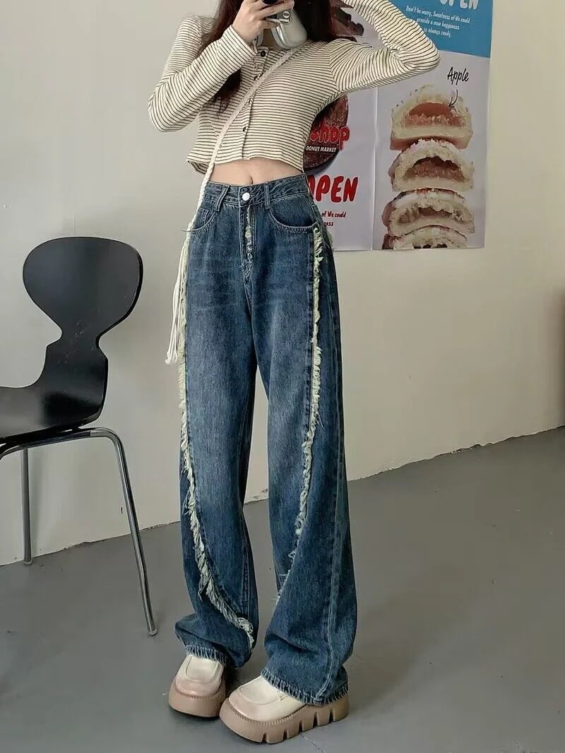 ラインデザインのハイウエストパンツの新しいスタイルのローエッジジーンズルーズストレートレッグフロアレングスパンツレトロワイドレッグパンツ