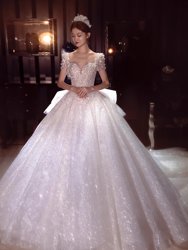 ウェディングドレス 袖あり 立ち襟 スパンコール キラキラ 素敵 キレイめ 花嫁ドレス 結婚式ドレス トレーンドレス バックリボン オシャレ 海外挙式 披露宴