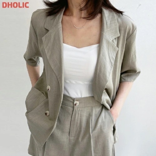 [メガ割りSALE]リネン混カラールーズ半袖タックセットアップジャケットショートパンツ