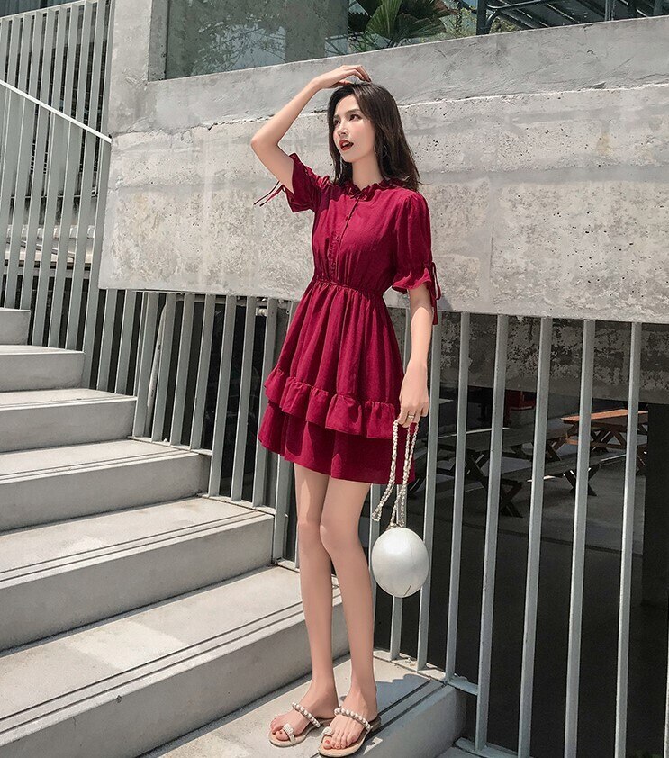 レディースワンピース 半袖 パフスリーブ 膝上丈 l ラウンドネック ハイウエスト ウエストマーク ティアード フリル フレア リボン Aライン ドレス 夏 大人可愛い 大人女子 おしゃれ お洒落