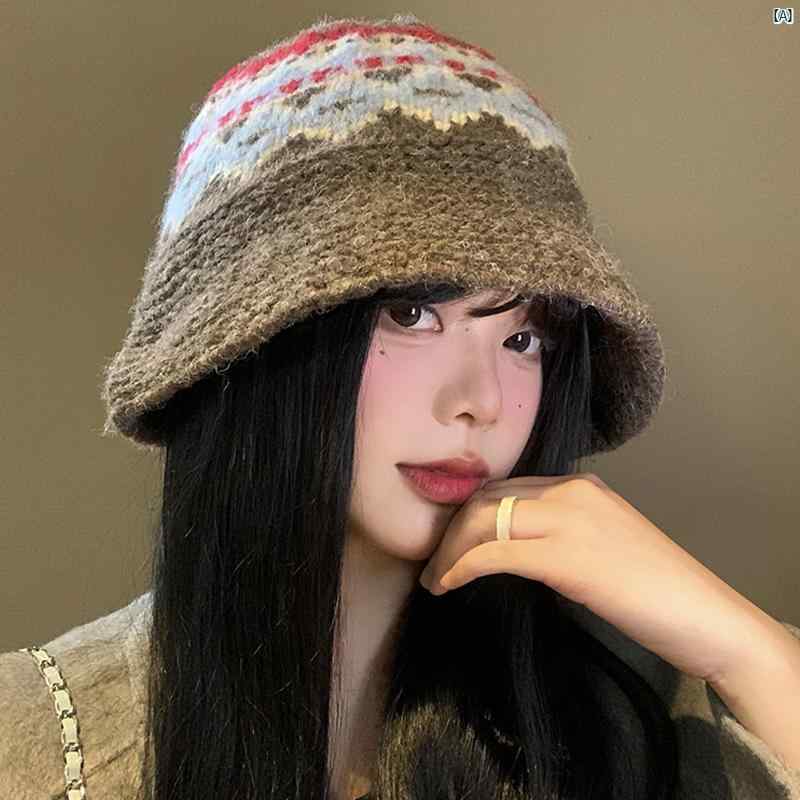 レディースファッション　ファッション小物　オシャレ フェアアイル ウール ニット フィッシャーマン ハット 秋冬 韓国 顔 明らか 小柄 く 暖かい 大きい頭囲 帽子