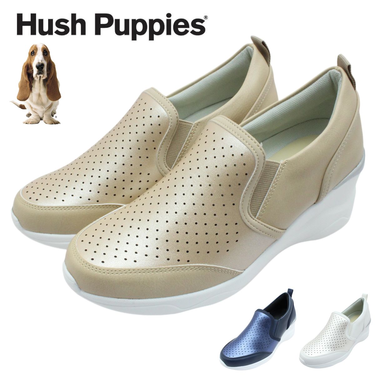 Hush Puppies ハッシュパピー レディース スニーカー L6010FT スリッポン カジュアル ウェッジソール 6cmヒール 幅広 3E 軽量 おしゃれ