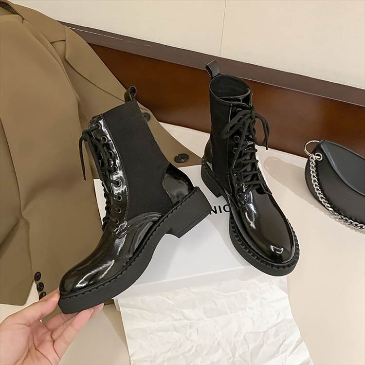 レースアップ ショート ブーツ レディース シューズ くつ 厚底 太ヒール チャンキー 4cm