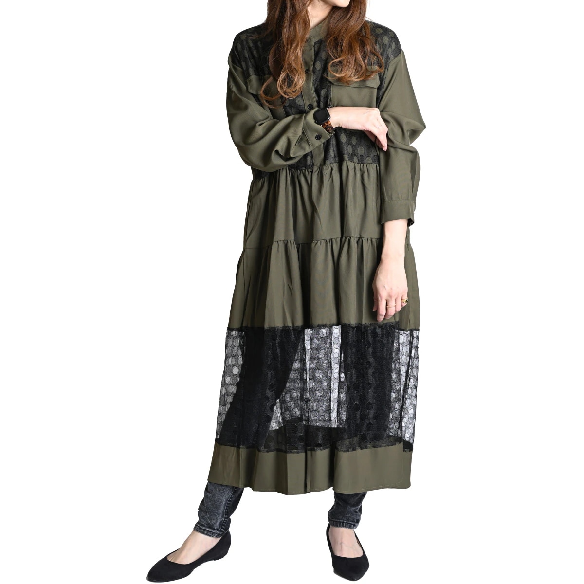 シャツワンピース 長袖 ロング バンドカラー シャツ ワンピース レディース 春 ワンピ きれいめ レース チュール 長袖ワンピース ロングワンピース マキシワンピース ドット 水玉 柄 フレア マキ