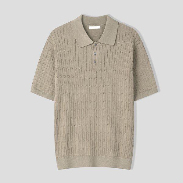 メンズベーシックケーブルカラーネック半袖ニットTシャツ AS-KNH-Q013-グレーベージュ