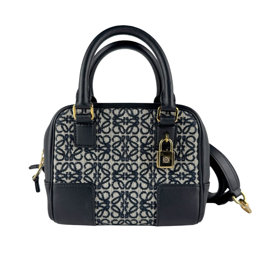 ロエベ LOEWE ハンドバッグ ショルダーバッグ アマソナ19 レザー/ジャガードキャンバス ネイビー/ブラック ゴールド レディース z9905