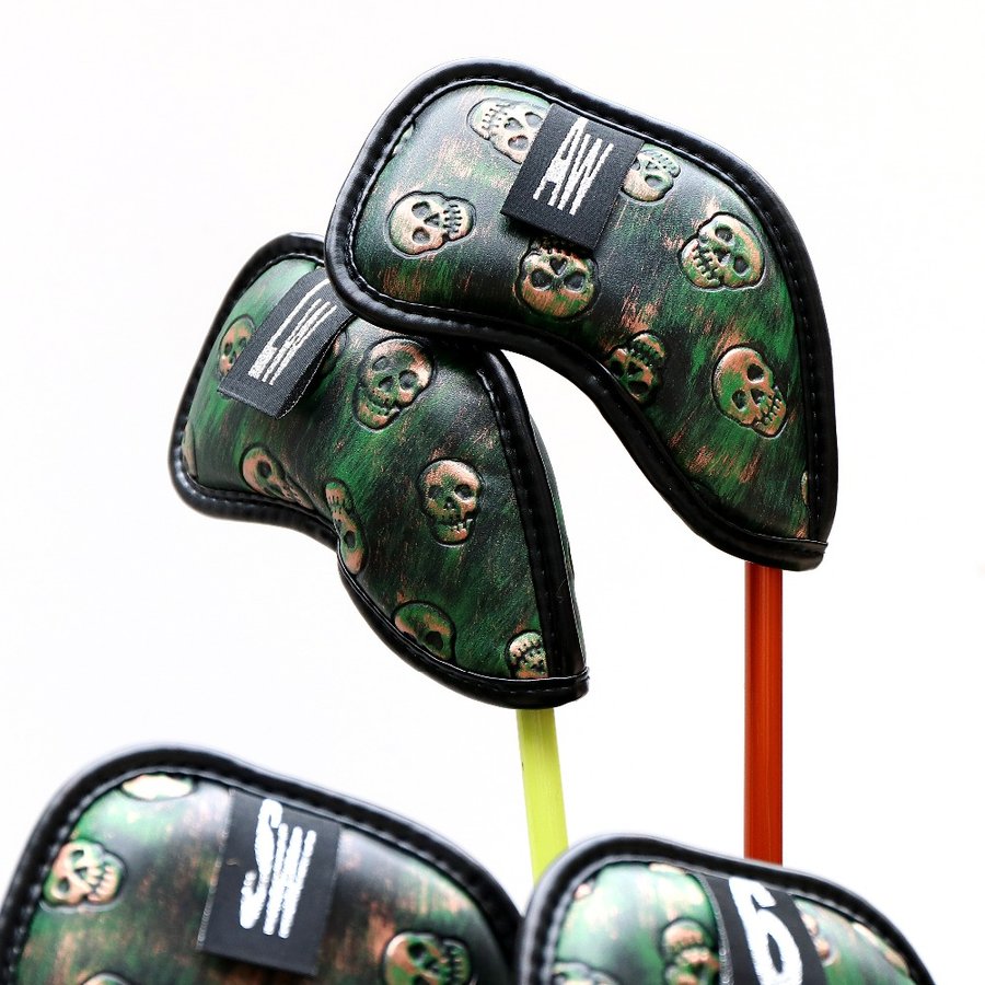 ゴルフアイアンカバー10点セット 番手付き ヘッドカバー 骸骨仕様 ドクロ仕様 ゴルフウッドカバー 保護 フェアウェイウッド ストレッチ