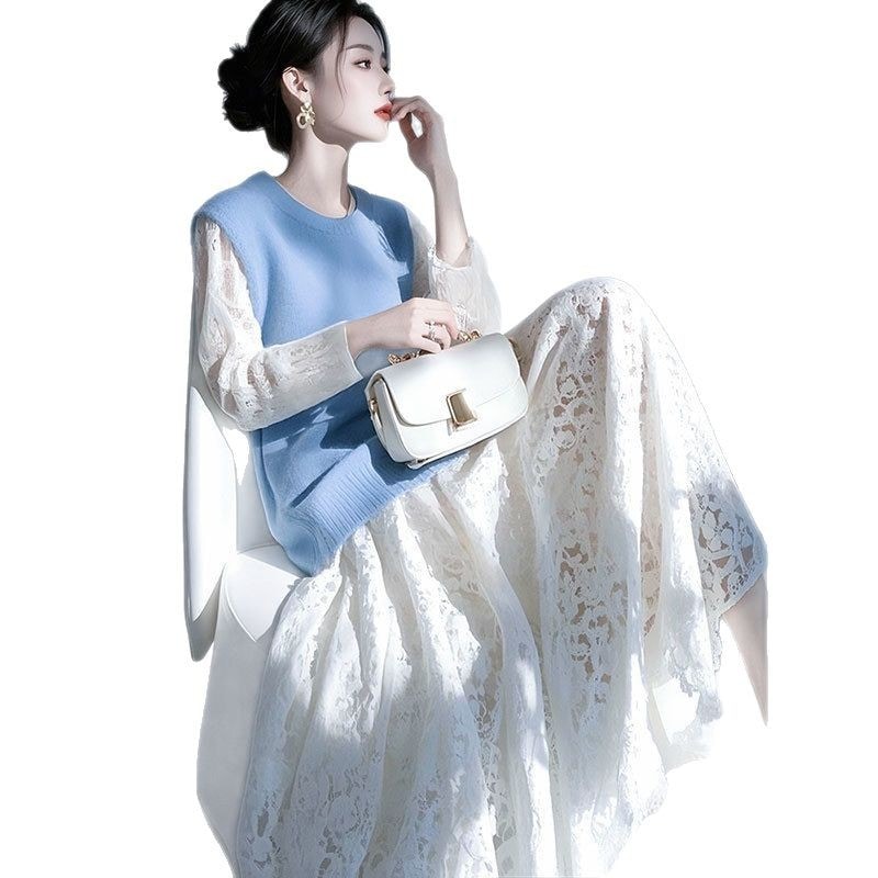 プレスプリング コーディネート セット ファッション婦人服 白レースのドレス ニットベスト ツーピース