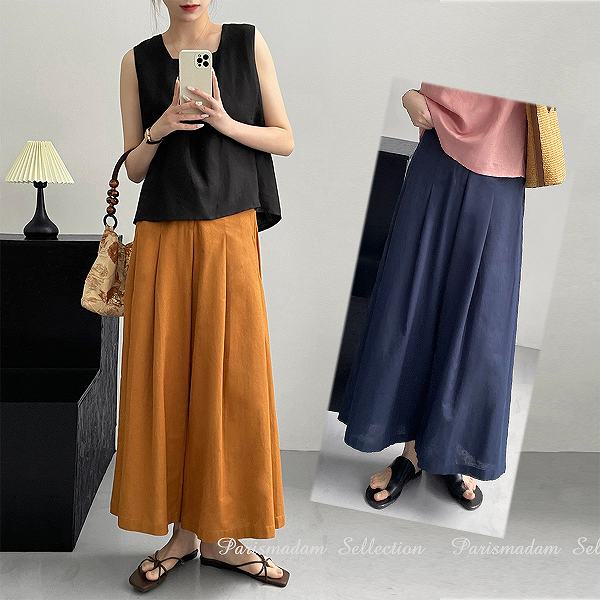 驚きの安さ麻ワンドパンツ　リネンタックフレアパンツ　ゆったりデザイン　バギーパンツ　ほっそり効果お出かけ女子会