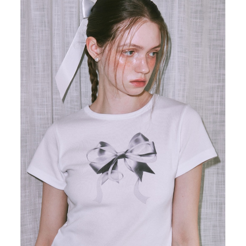 RONRON 5/22 배송 ダブルリボンスリムクロップTシャツ ホワイトシルバー