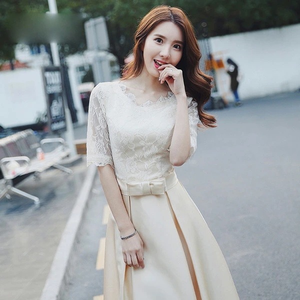 ミモレ丈 ドレス アイボリードレス 半袖ドレス レースドレス スレンダーライン 編み上げタイプ パーティードレス 演奏会 披露宴ドレス d9038f0c6kc /代引不可