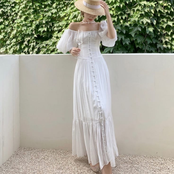 ワンピース マーメイド Aライン フレア ロング スクエアネック オフショルダー ボリューム 2way 前開き 大人可愛い きれいめ エレガント 春 夏 海 デート お出かけ リゾート S XL