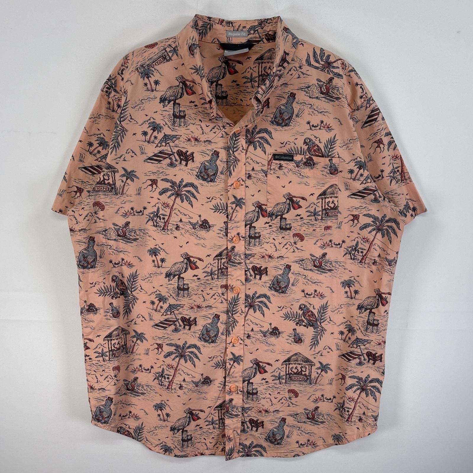 古着 半袖シャツ マリンデザイン 柄シャツ ワンポイント ロゴ ボタンダウン M ピンク系 総柄 メンズ