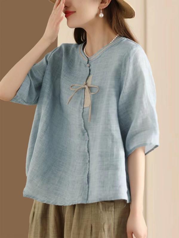 2026年モデルレディース 夏 Tシャツ レトロ 中国風 ラミー素材 スタンドカラー クルーネック ゆったりシルエット 薄手 軽量 通気性 吸湿速乾 トップスレディース 夏 Tシャツ