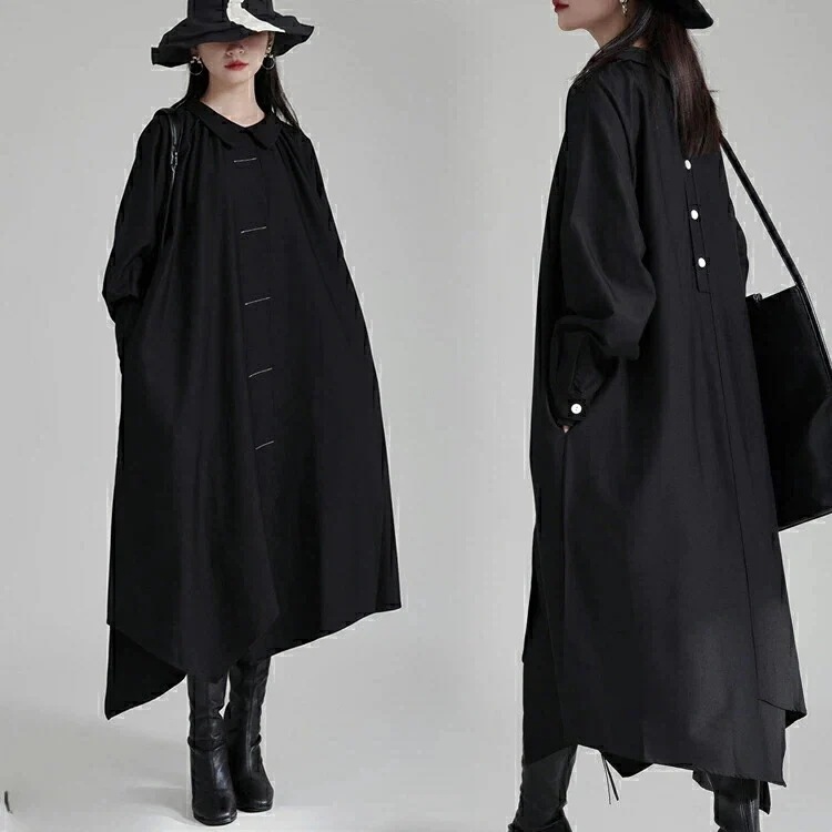 アシンメトリーシャツワンピース レディース ロング 綿100 長袖 襟付き ロングワンピース シャツワンピリバーシブル 羽織り ビッグシャツ アシンメトリー 変形デザイン 個性的 モード系 メンズ ユ